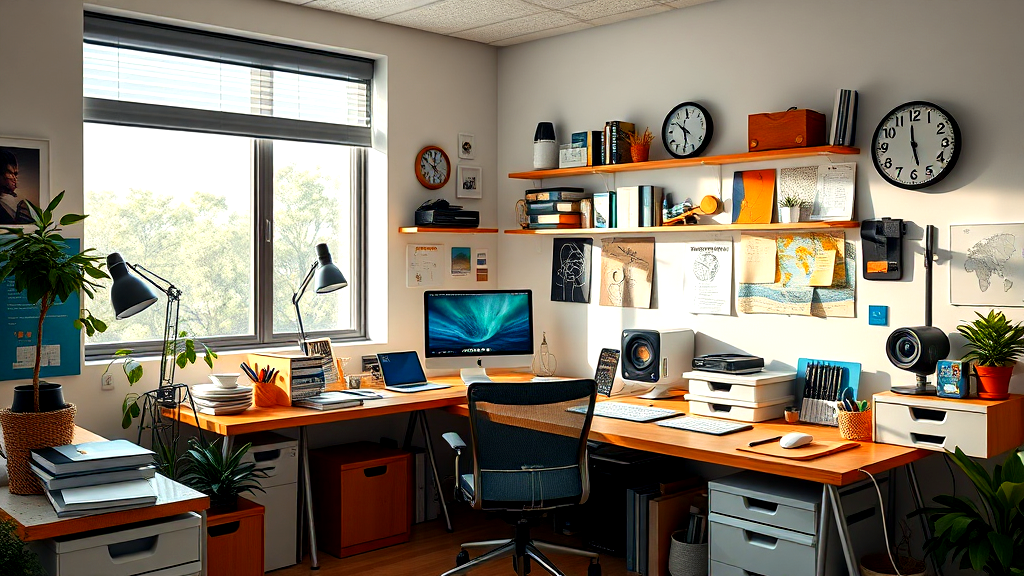 A room with two desks , a chair , a computer , and a window.