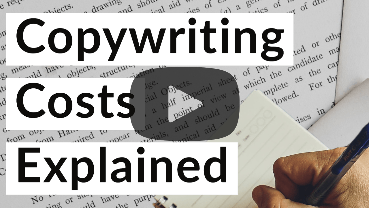 A YouTube thumbnail with play button graphic text stating copywriting services explained over an image of handwriting on paper