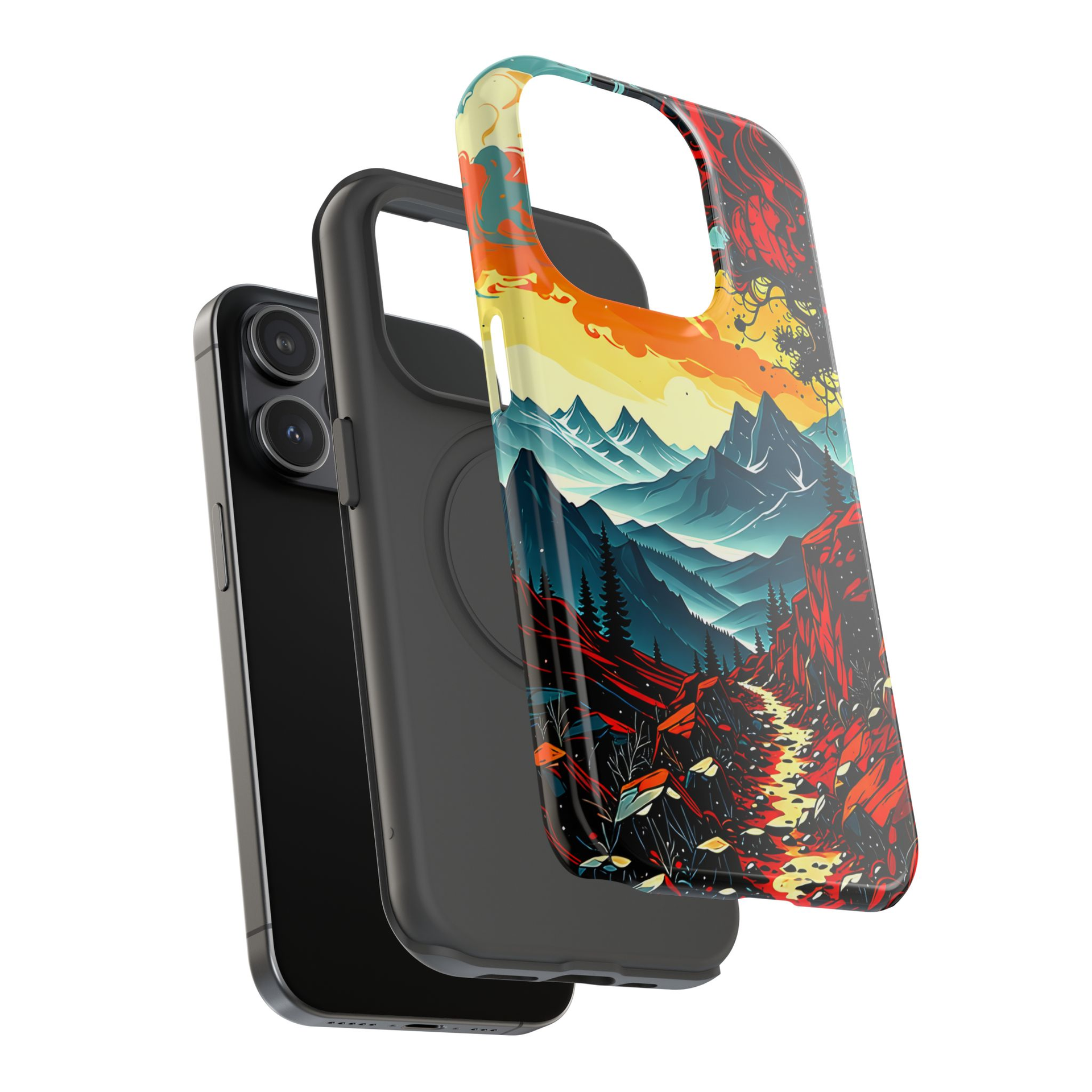 iPhone with a cell phone case split in two to showcase materials  used in Alec's artistic phone case