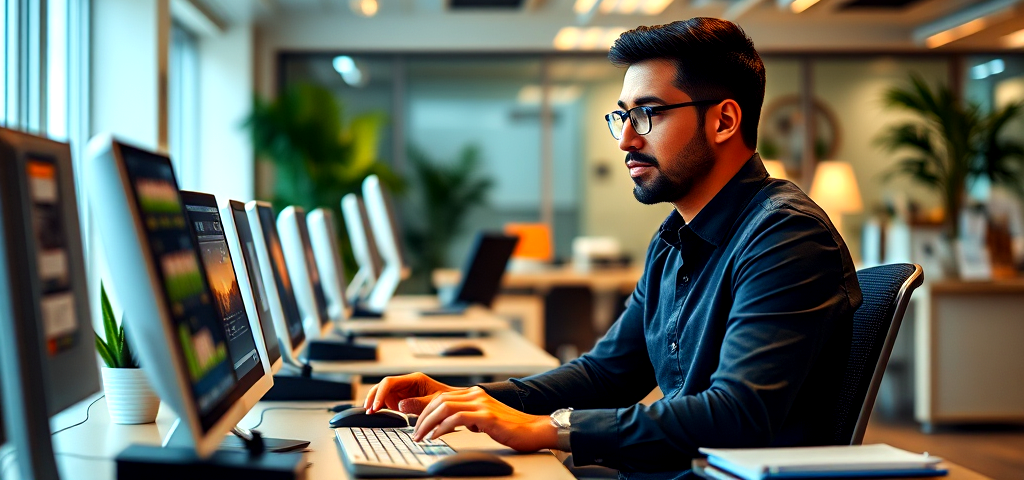 A man is sitting at a desk in front of a computer.