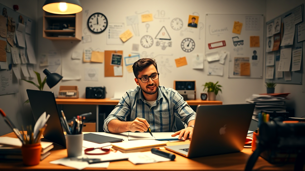 A man is sitting at a desk in front of a laptop computer.