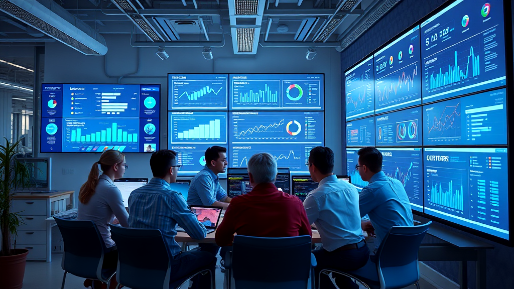 A group of people are sitting around a table in front of a wall of computer monitors.