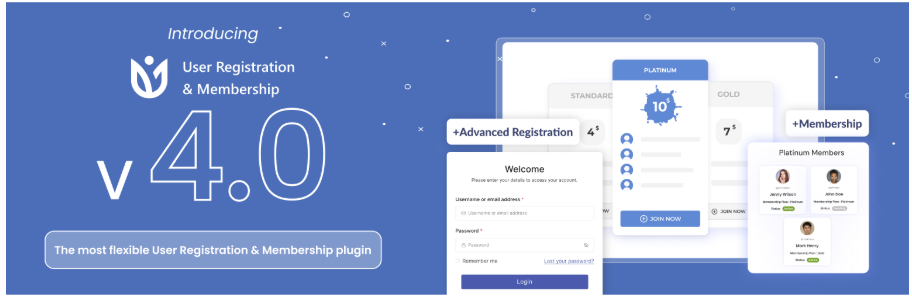 Introducing User Registration & Membership v4.0. Displays registration forms and membership options with blue and white design.