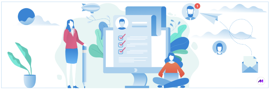 Illustration of people and a computer representing online recruitment, with checkmarks.