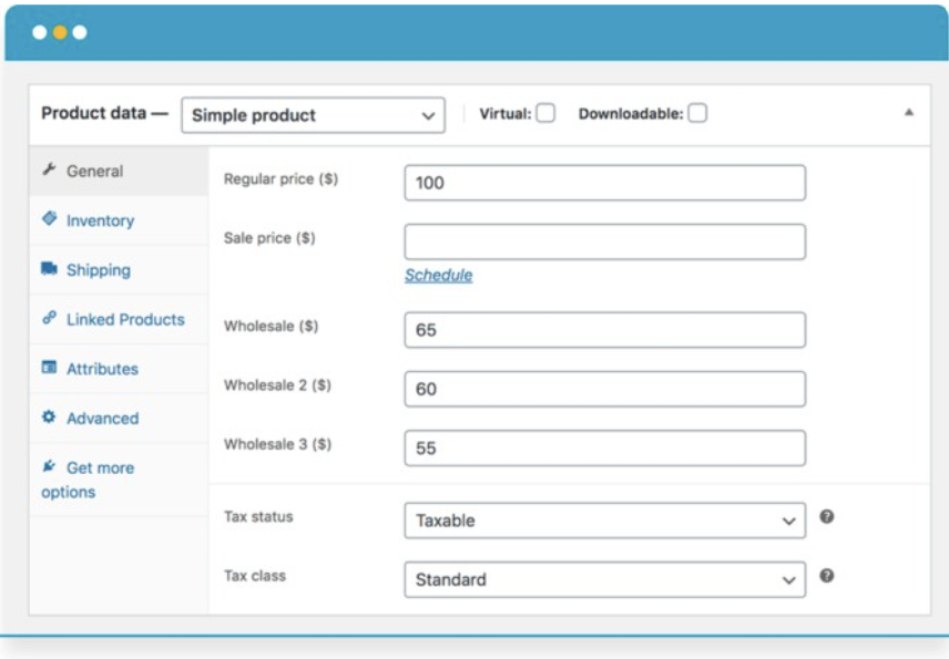 Product data screen for a Simple product, with price fields and tax settings.