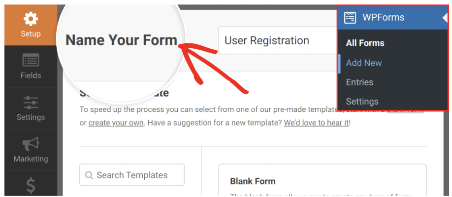 A user is prompted to name a form. A menu includes 