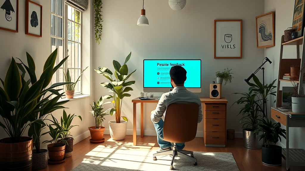 A man is sitting in a chair in front of a computer in a room surrounded by plants.