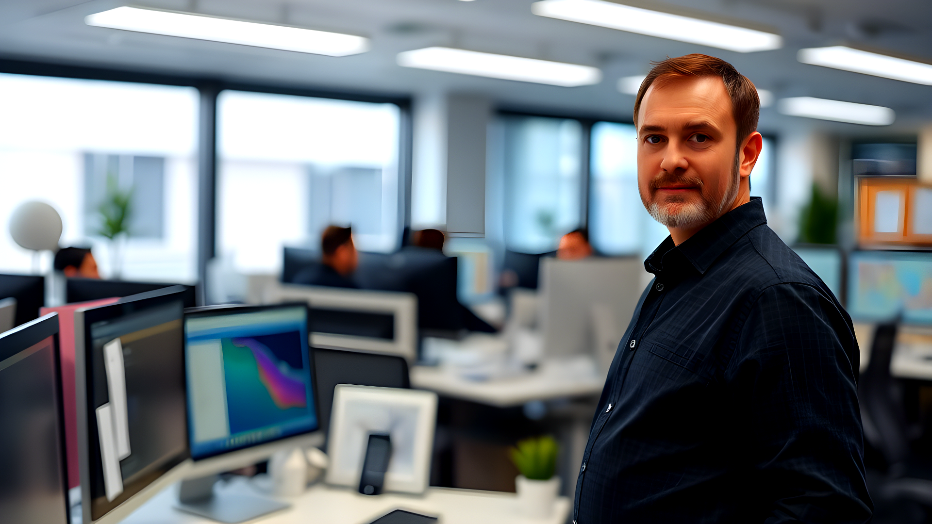 A smiling man is standing in front of a computer in an office.