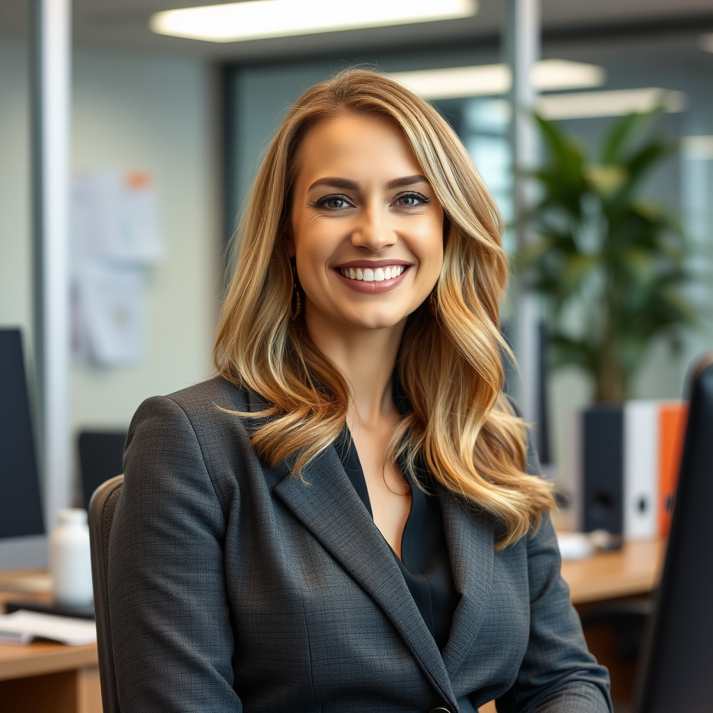 A woman in a suit is smiling while sitting in an office.