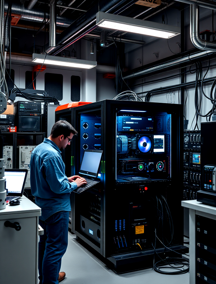 Early Development: Custom AI Machines for Secure, Offline Use A man is working on a laptop computer in a server room.