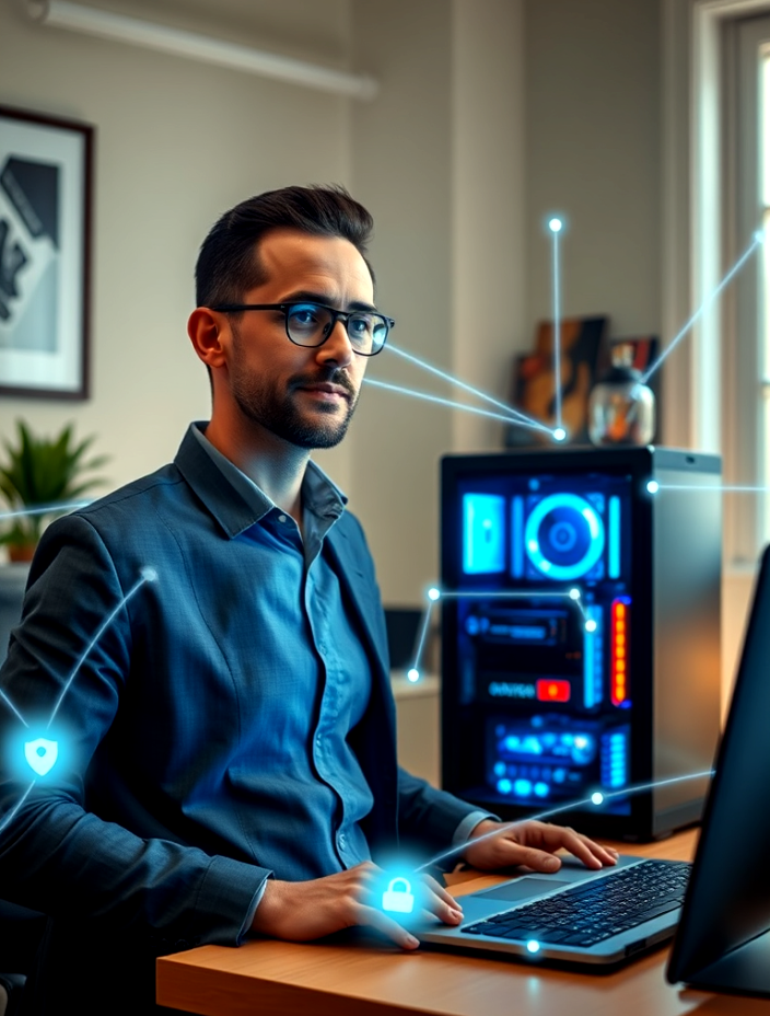 Our Vision for Decentralized AI A man is sitting at a desk using a laptop computer.