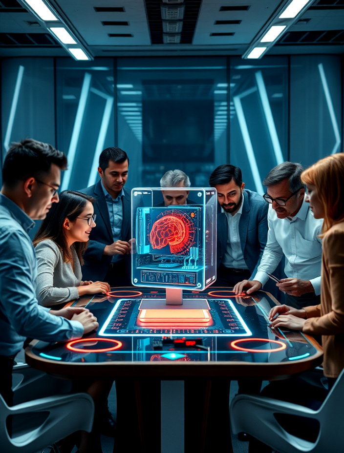 The Opportunity A group of people are sitting around a table with a computer screen showing a brain.