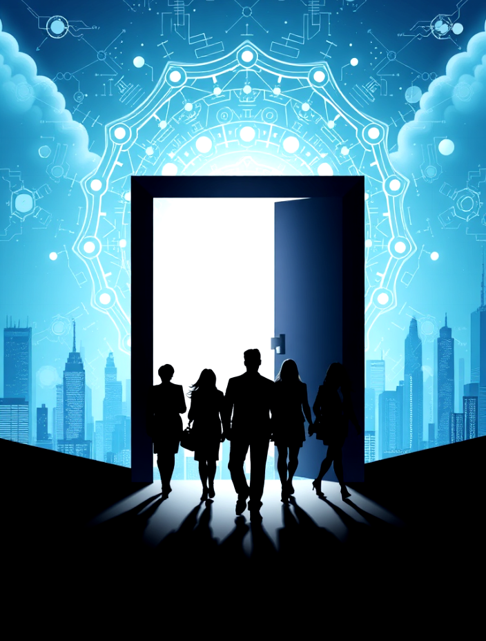 Why Join Us? A group of people are standing in front of an open door.