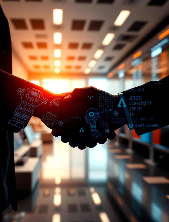 Get Involved A man and a robot are shaking hands in an office.