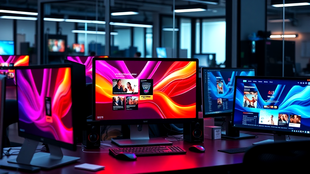 A row of computer monitors are sitting on a desk in a room.