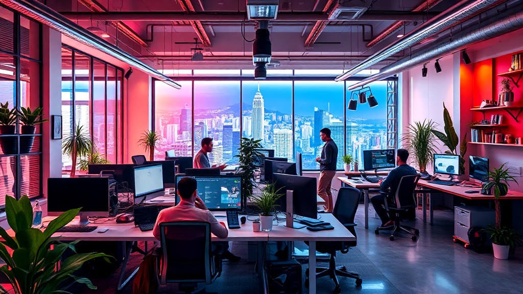 A group of people are sitting at desks in an office.