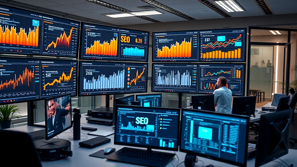 A man is sitting at a desk in front of a wall of computer monitors.