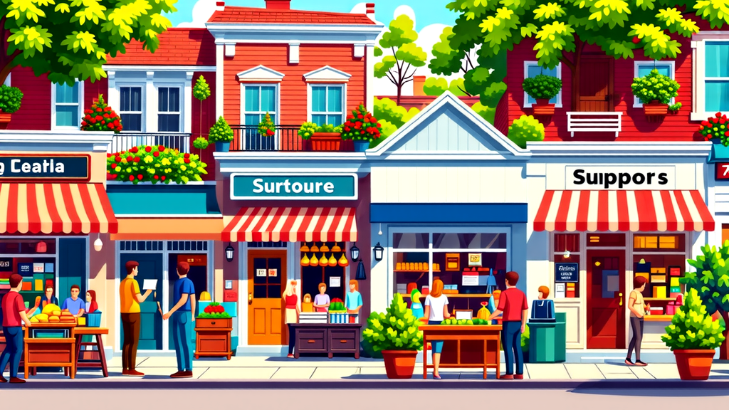 A pixel art illustration of a row of shops in a small town.