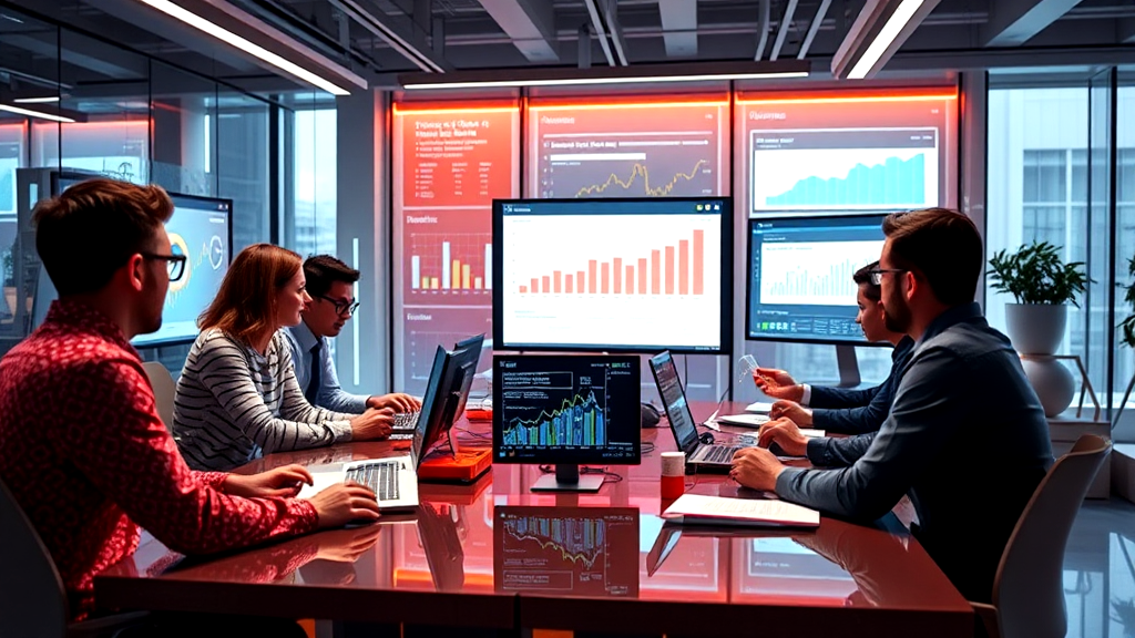 A group of people are sitting at a table in front of computer monitors.