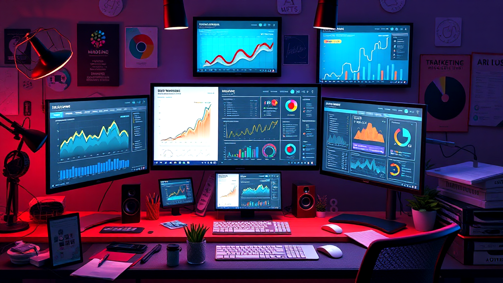 A desk with a lot of computer monitors on it showing pay per click ad data.