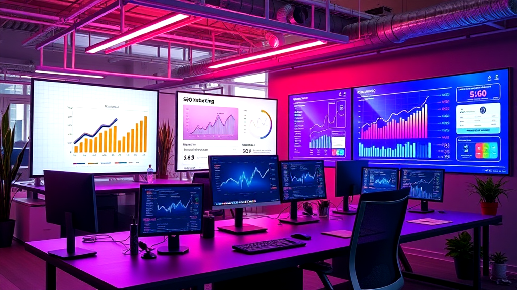 A room filled with lots of computer monitors and a large screen.