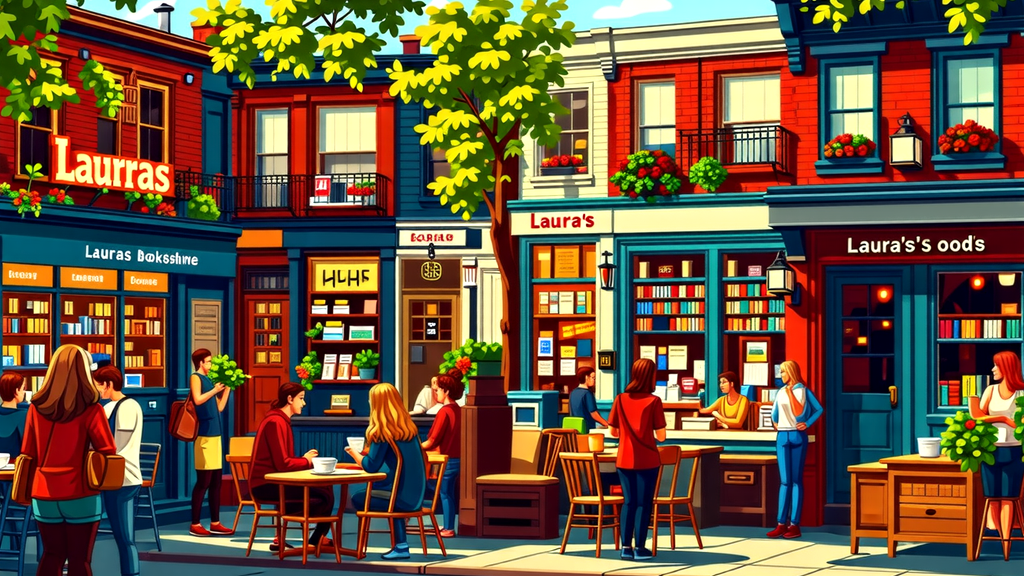 A painting of a city street with people sitting at tables in front of shops.