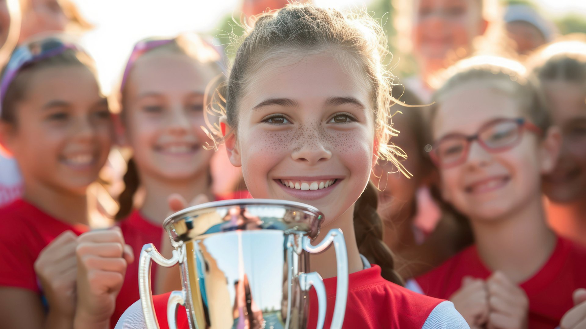 young girl holding trophy with a group of girls blurred in the back ground