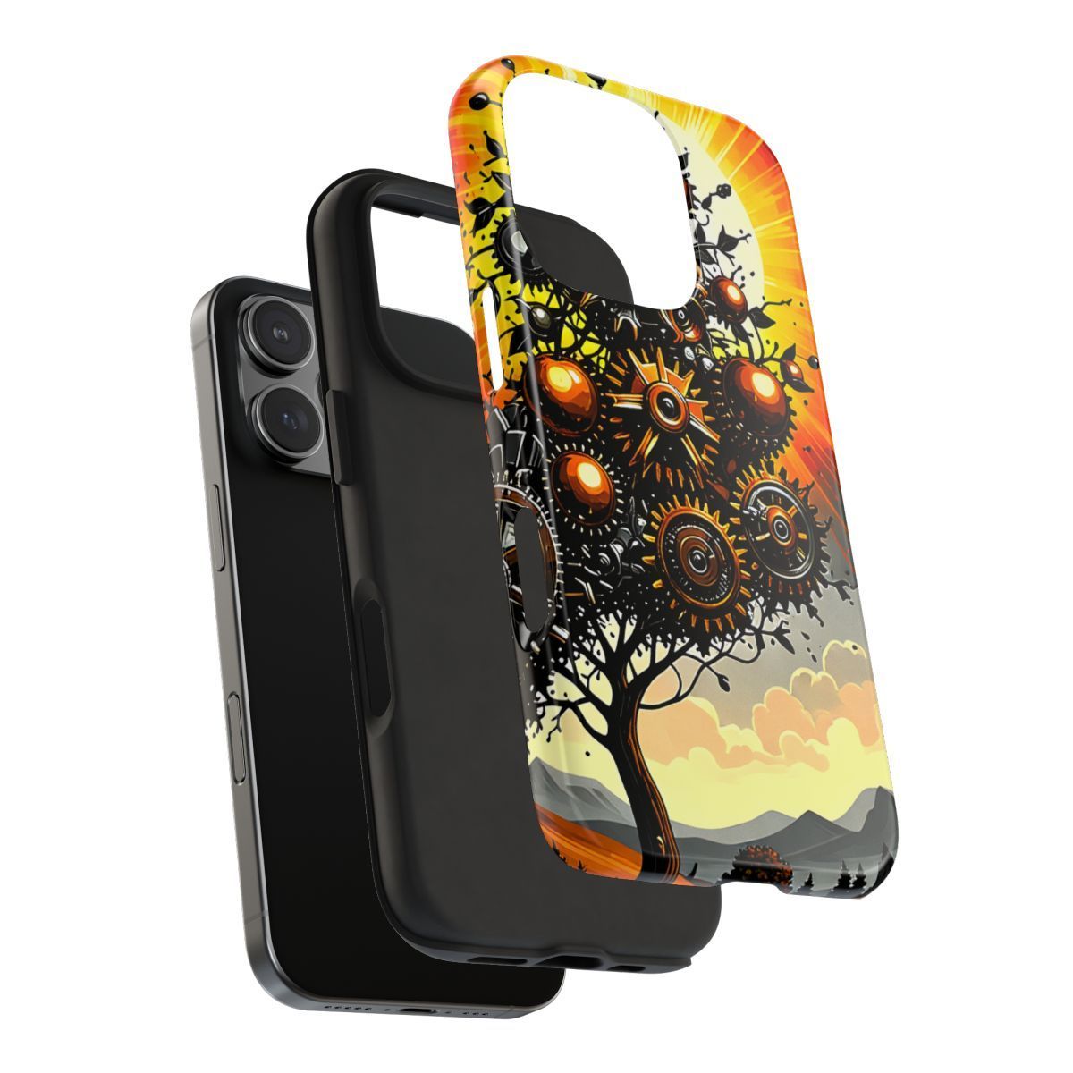iPhone with a cell phone case split in two to showcase materials  used in Alec's artistic phone case