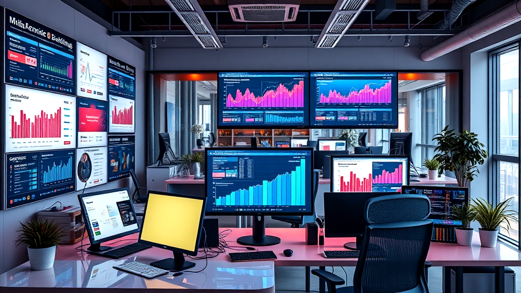 A room with a lot of computer monitors and a lot of graphs on the wall.