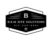 Logo for B.E.M. Site Solutions. Black and white with a central black shape with "B" and text below.
