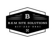 Logo for B.E.M. Site Solutions. Black and white with a central black shape with "B" and text below.