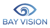 The logo for bay vision is a blue eye with a wave in the middle.