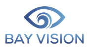 The logo for bay vision is a blue eye with a wave in the middle.