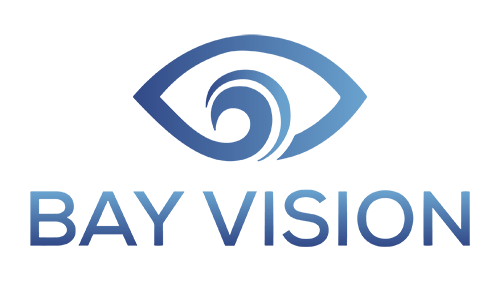 The logo for bay vision is a blue eye with a wave in the middle.