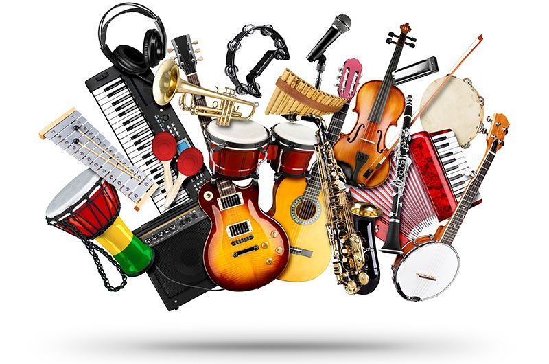 Collection of musical instruments floating against a white background; including a guitar, drums, and a saxophone.  Electives & Clubs | Immanuel Lutheran School | Belvidere, IL
