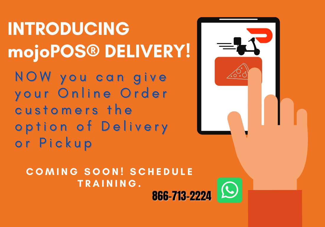 An advertisement for mojopos delivery shows a hand pointing at a tablet.