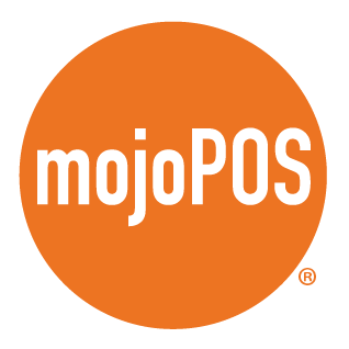 A logo for mojopos in an orange circle