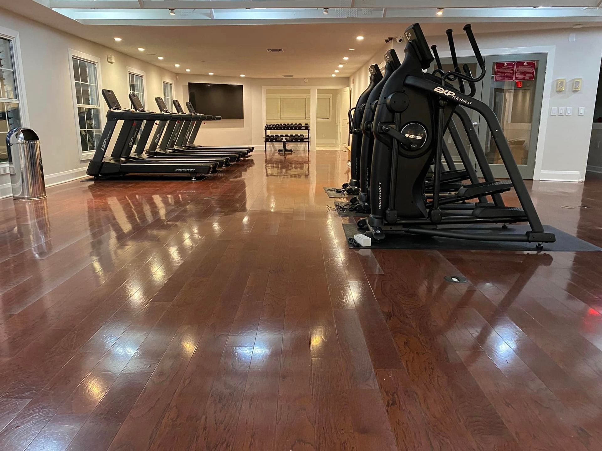 A gym with treadmills and ellipticals on the floor