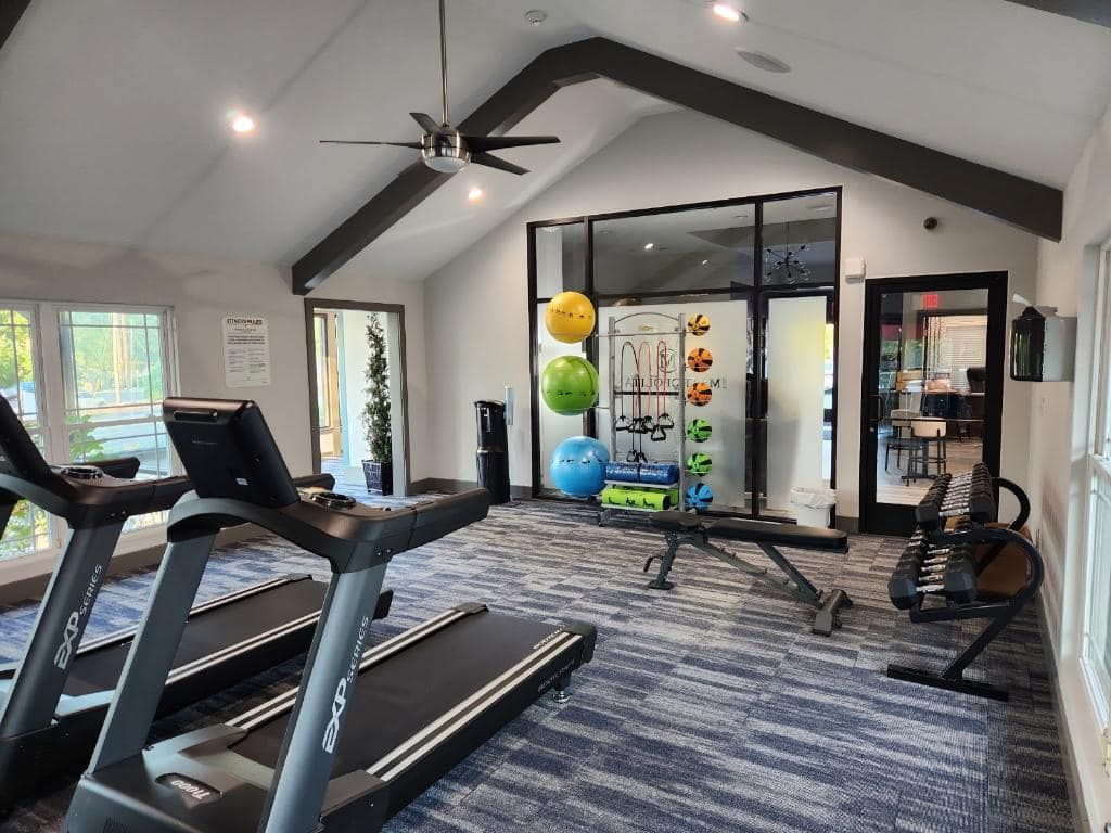 A gym with treadmills and a ceiling fan.