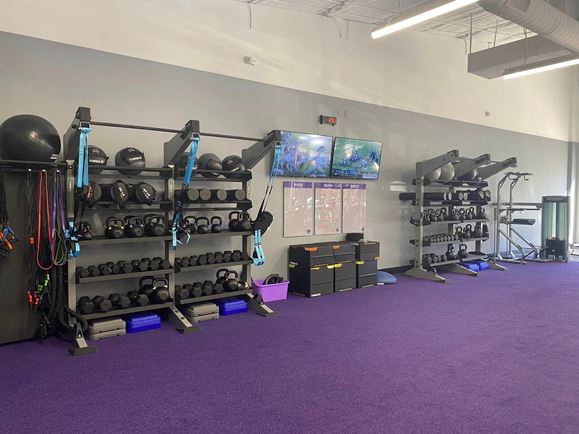 A gym with purple carpet and a lot of dumbbells on racks.