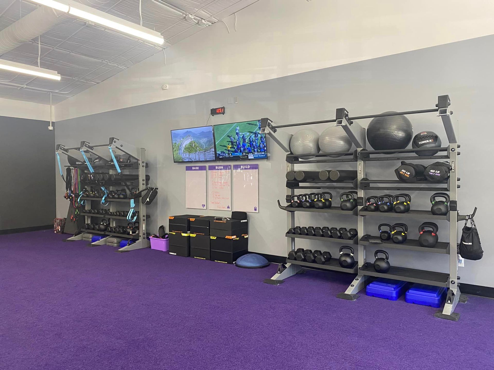 A gym with purple carpet and a lot of dumbbells on shelves.