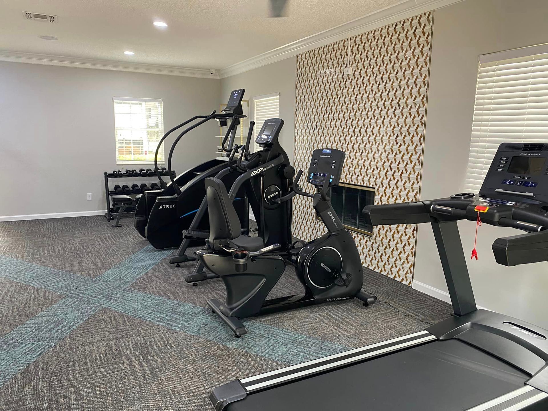 A gym with a row of treadmills and exercise bikes.