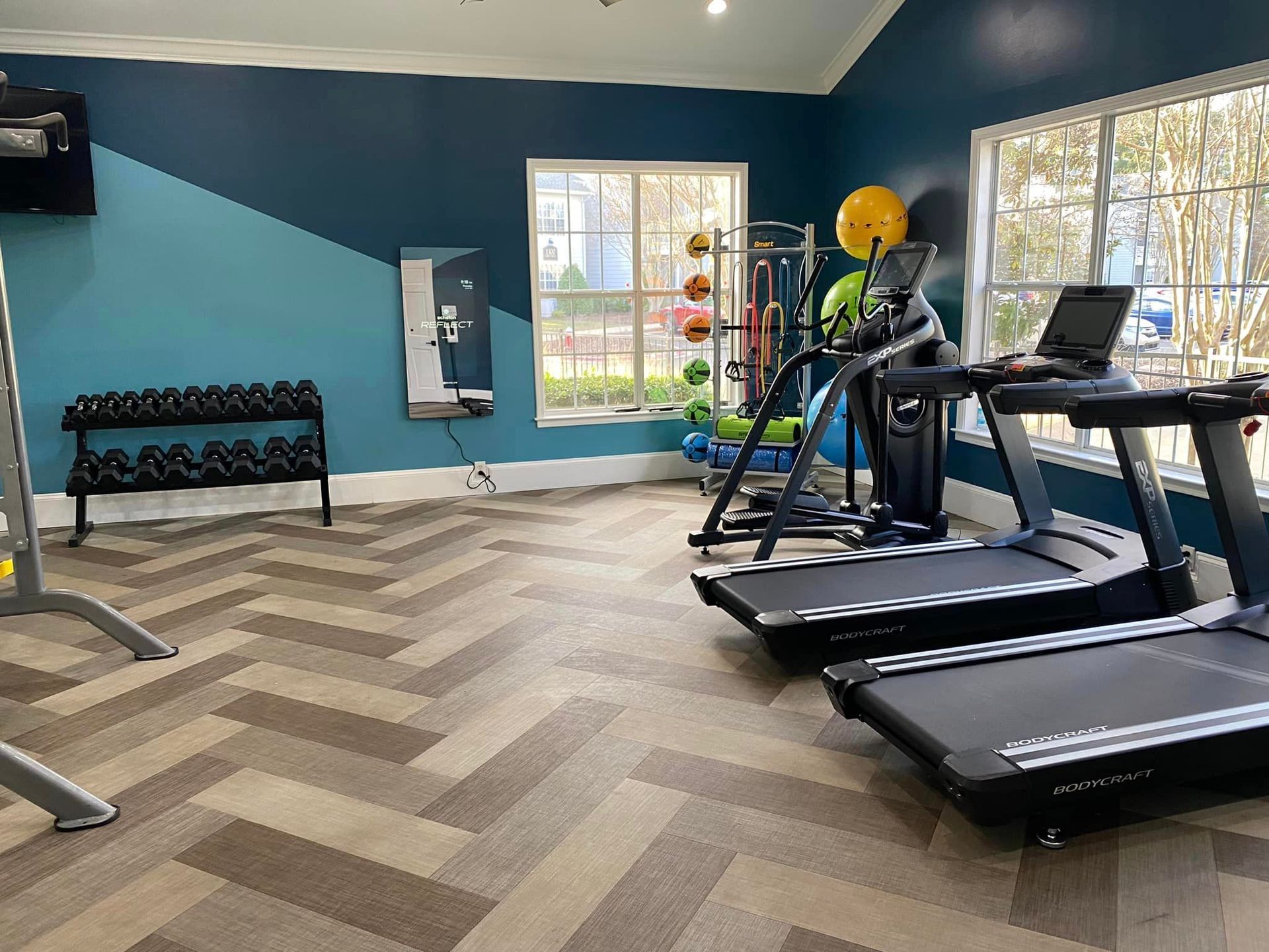 There are two treadmills and a dumbbell rack in the gym.