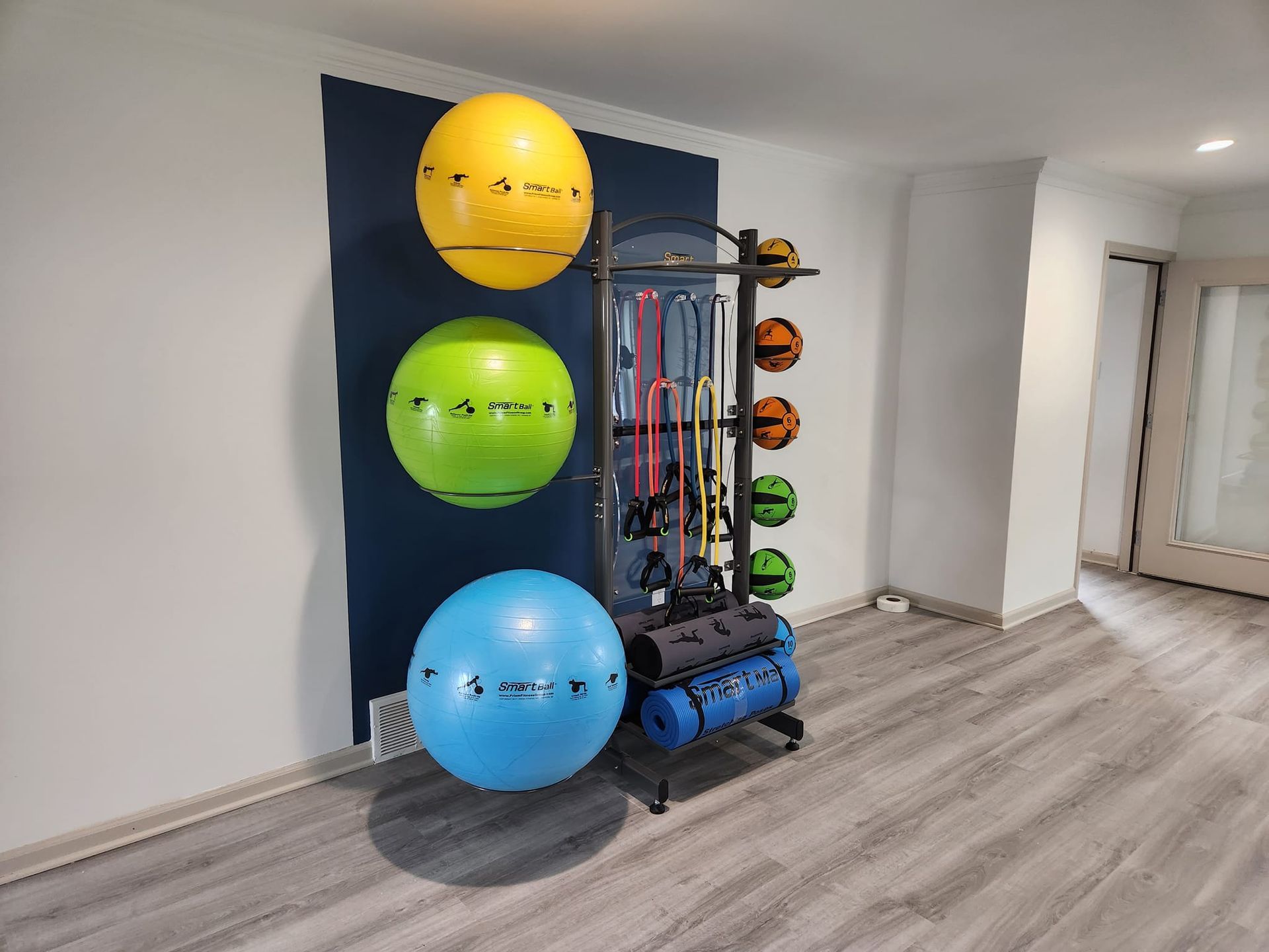 Three exercise balls are hanging on a wall in a gym.