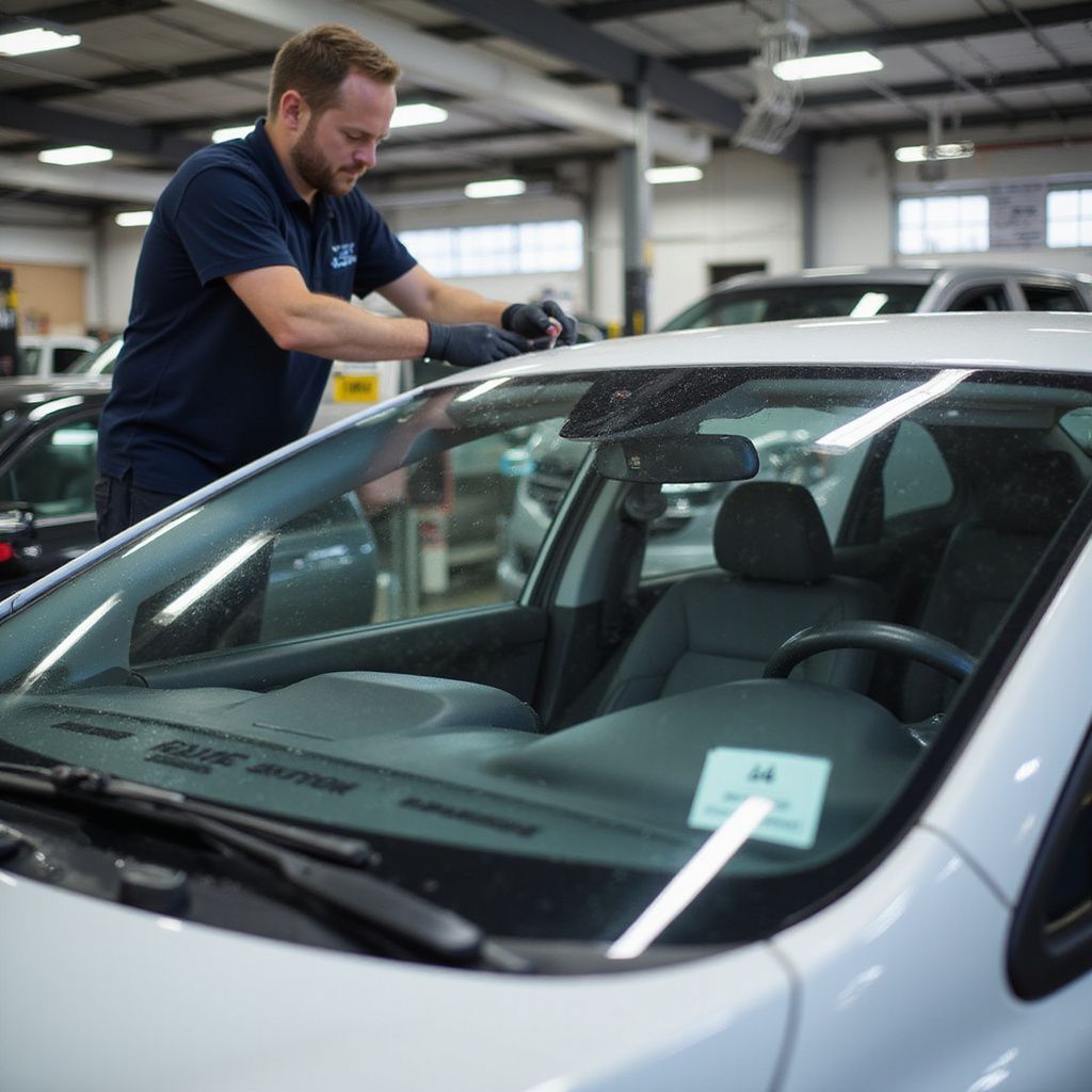 Mechanic in a blue shirt cleaning a white car's windshield inside a repair shop, wearing gloves.