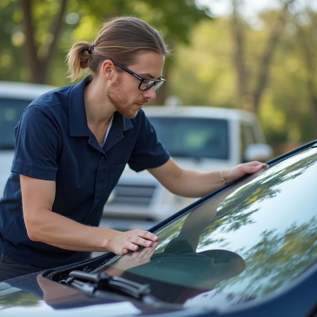 Man in glasses inspecting a car windshield, outdoors.