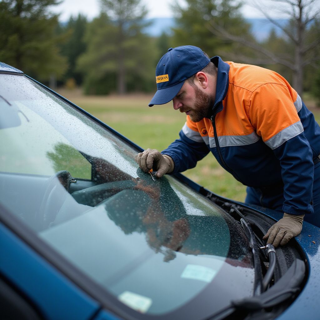 Man in work clothes examines windshield of blue car outdoors.