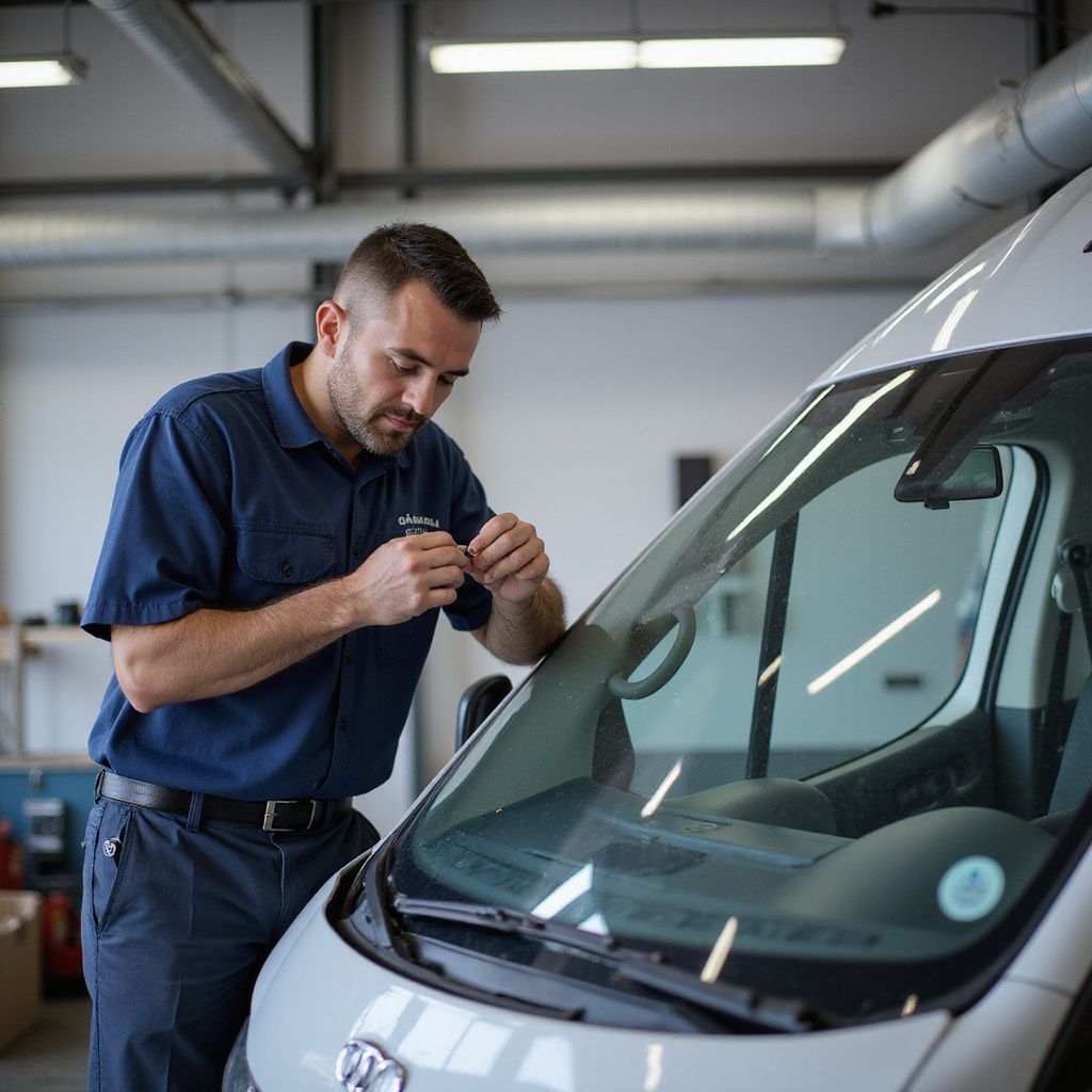 Mechanic in blue uniform inspects the windshield of a white van in a garage.