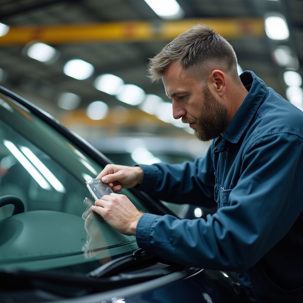 Mechanic applying sticker to a car windshield in a garage.