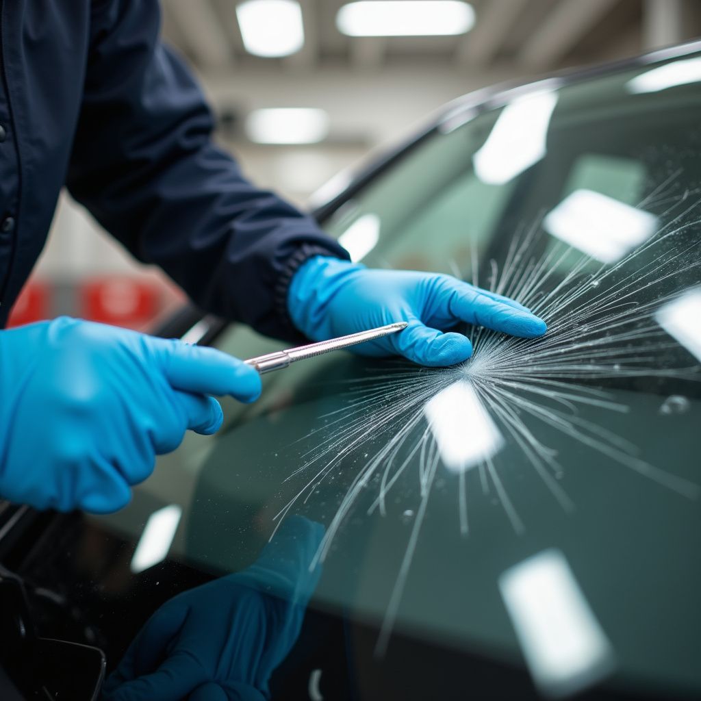 Person in blue gloves using a tool to inspect a spiderweb-cracked car windshield.